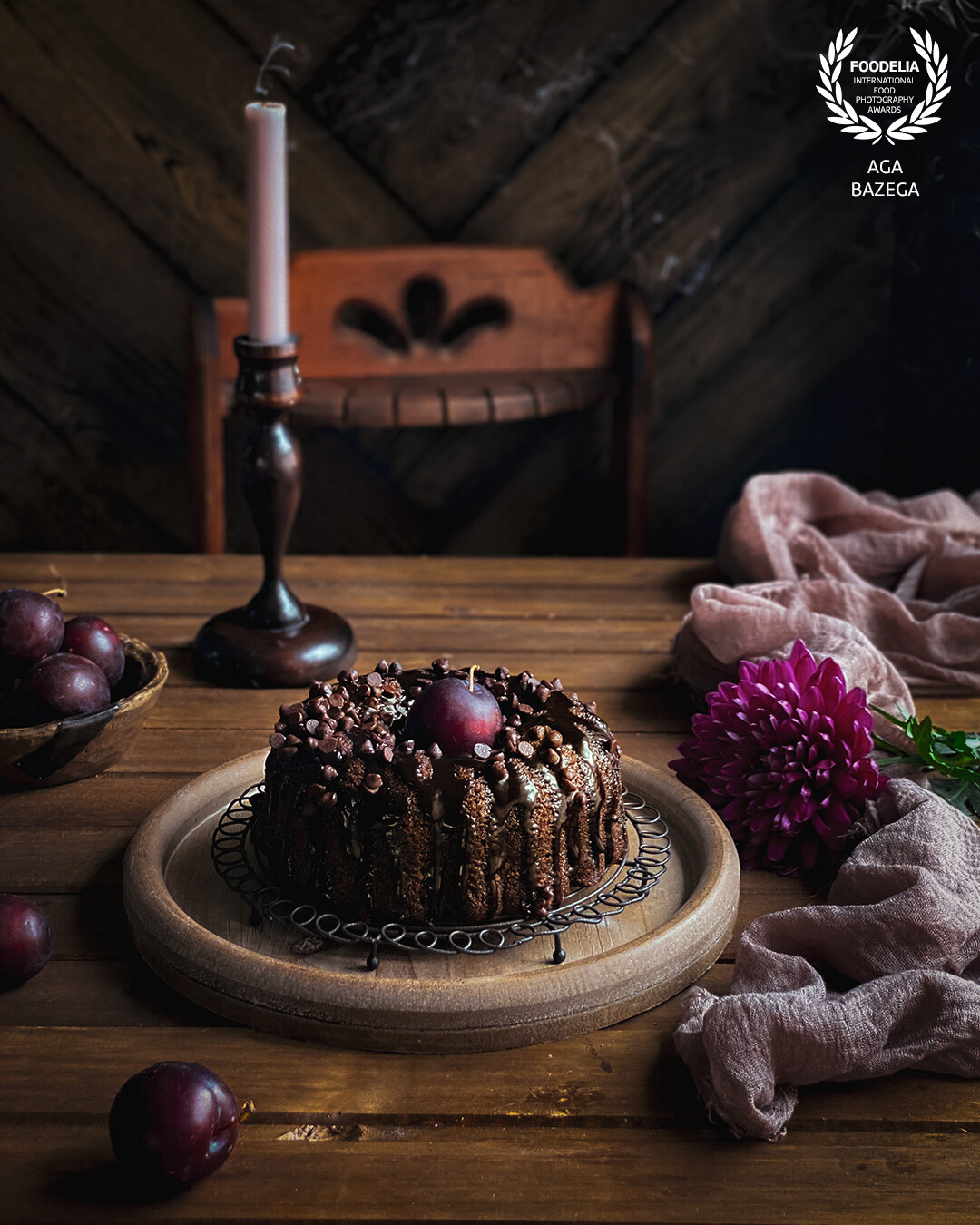 Chocolate plum cake, captured with a natural light.