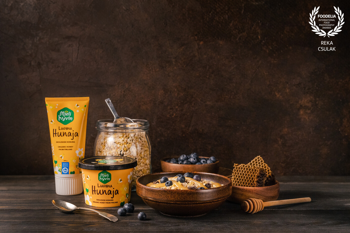 I took this photo with a breakfast scene to use it as a cover image of the organic Finnish honey brand's refreshed website, featuring the updated packaging of their products.