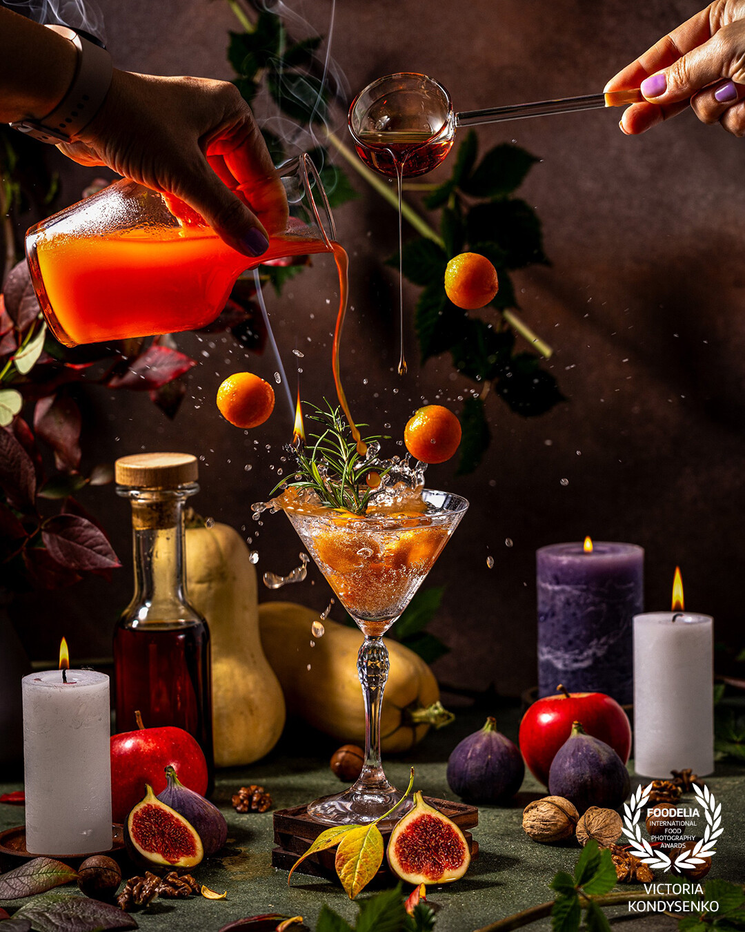 Autumn cocktail with pumpkin juice and maple syrup. Advertising photo for the production of maple syrup, a local Ukrainian business.