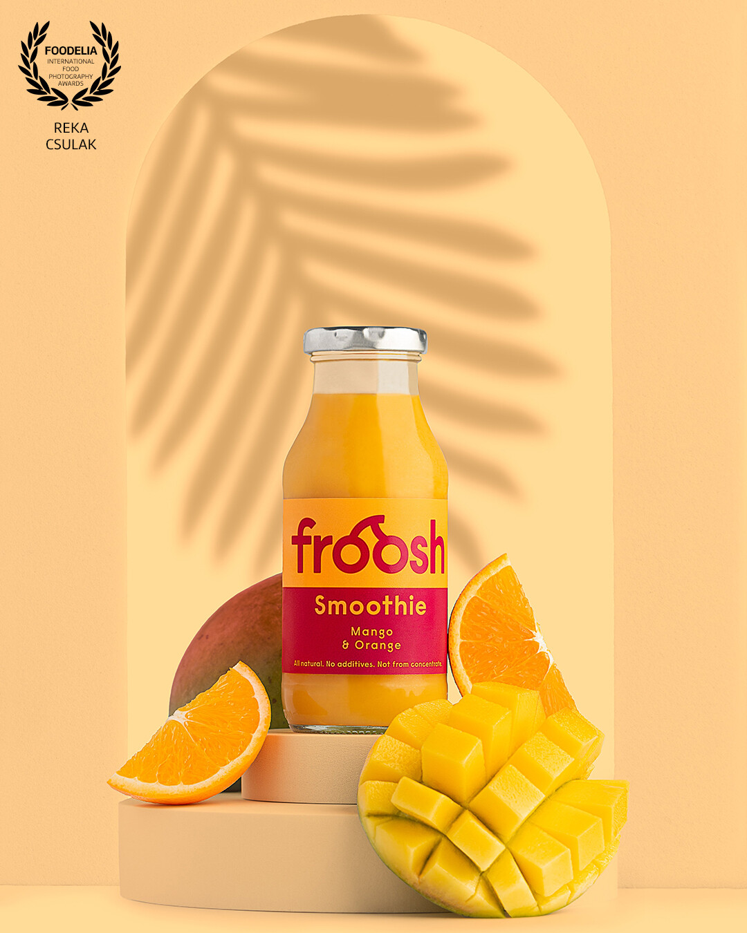 Product photo with geometric shapes and a limited colour palette focuses on the freshness this particular flavour combination brings to the consumer.