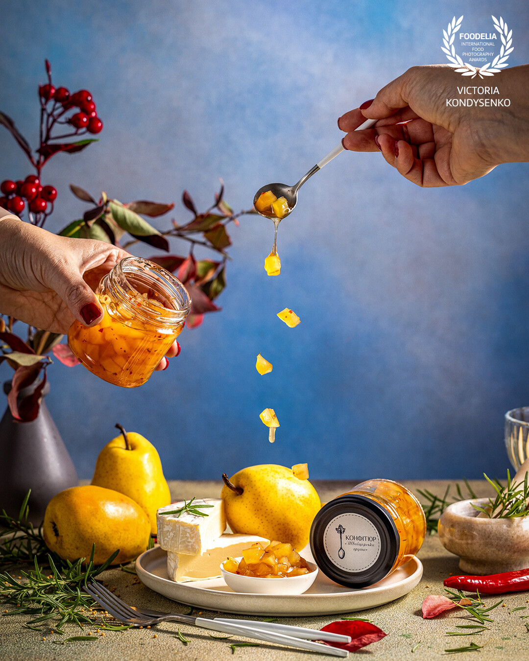 "Swiss pear" jam with chili pepper, vodka, mustard and rosemary. Advertising photo shoot of the local Ukrainian garden family farming.