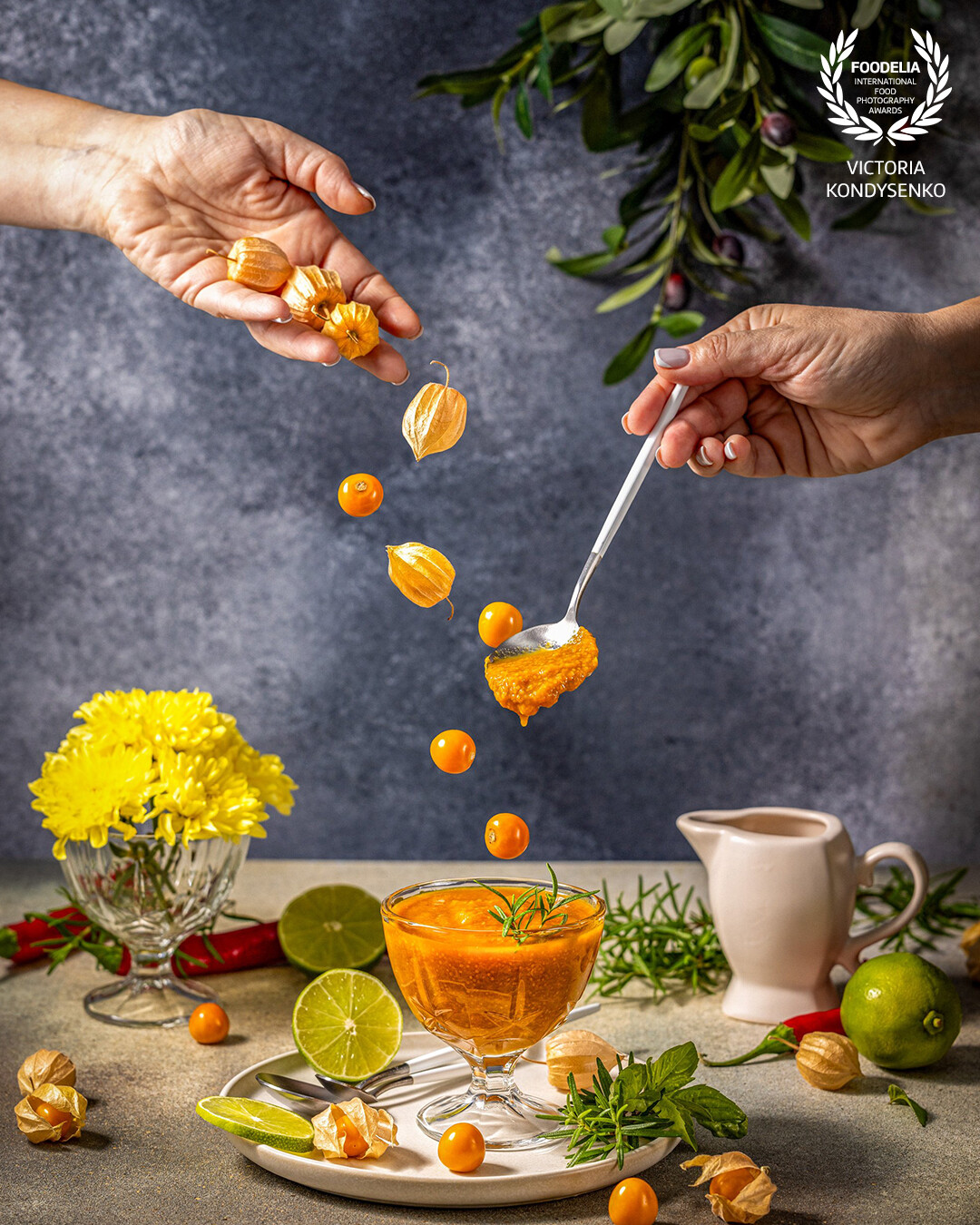 Spicy physalis sauce with lime and chili pepper. Advertising photo shoot of the local Ukrainian garden family farming.