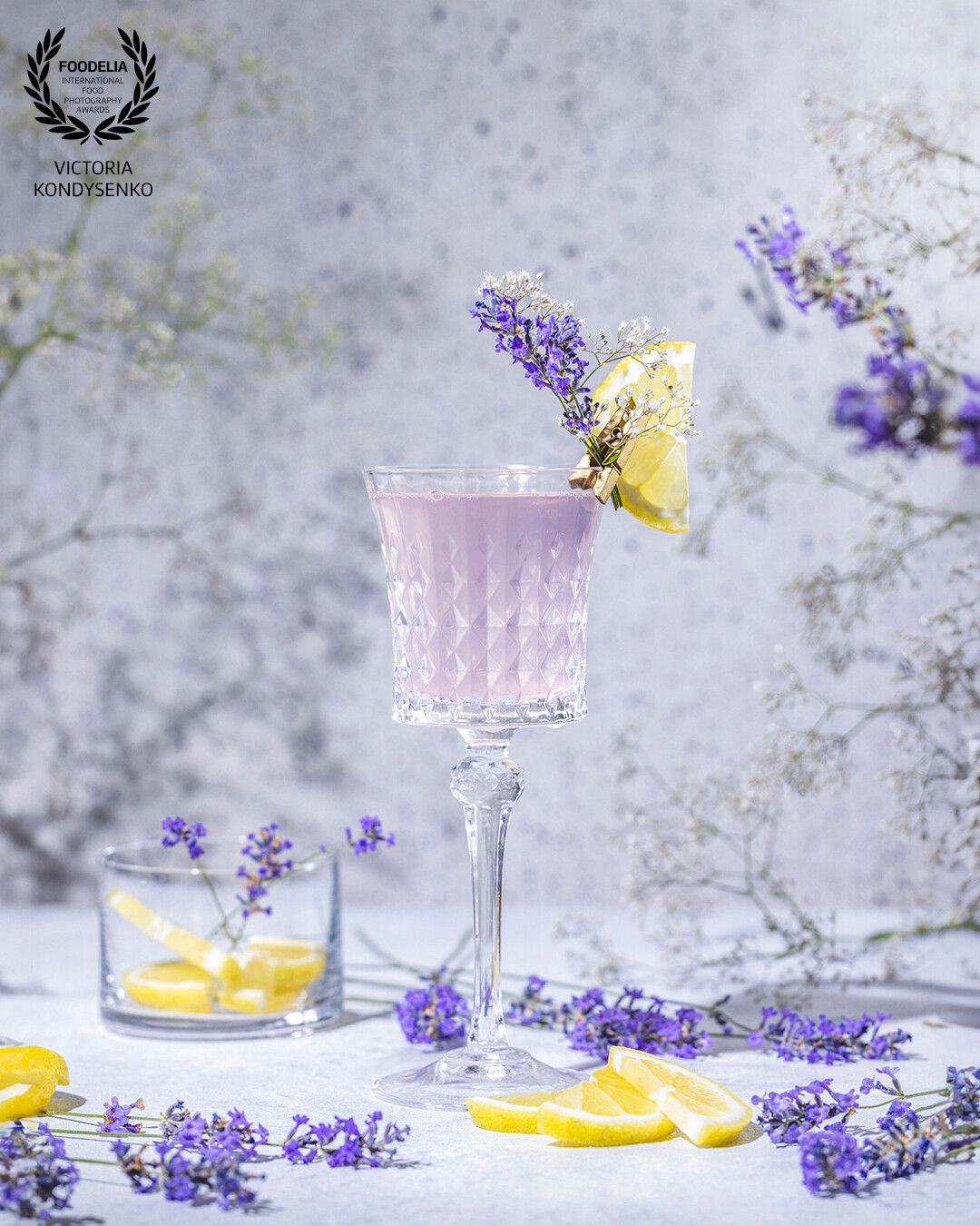 Sparkling Lavender Cocktail with prosecco. Promotional photo shoot of the local Ukrainian family cafe.