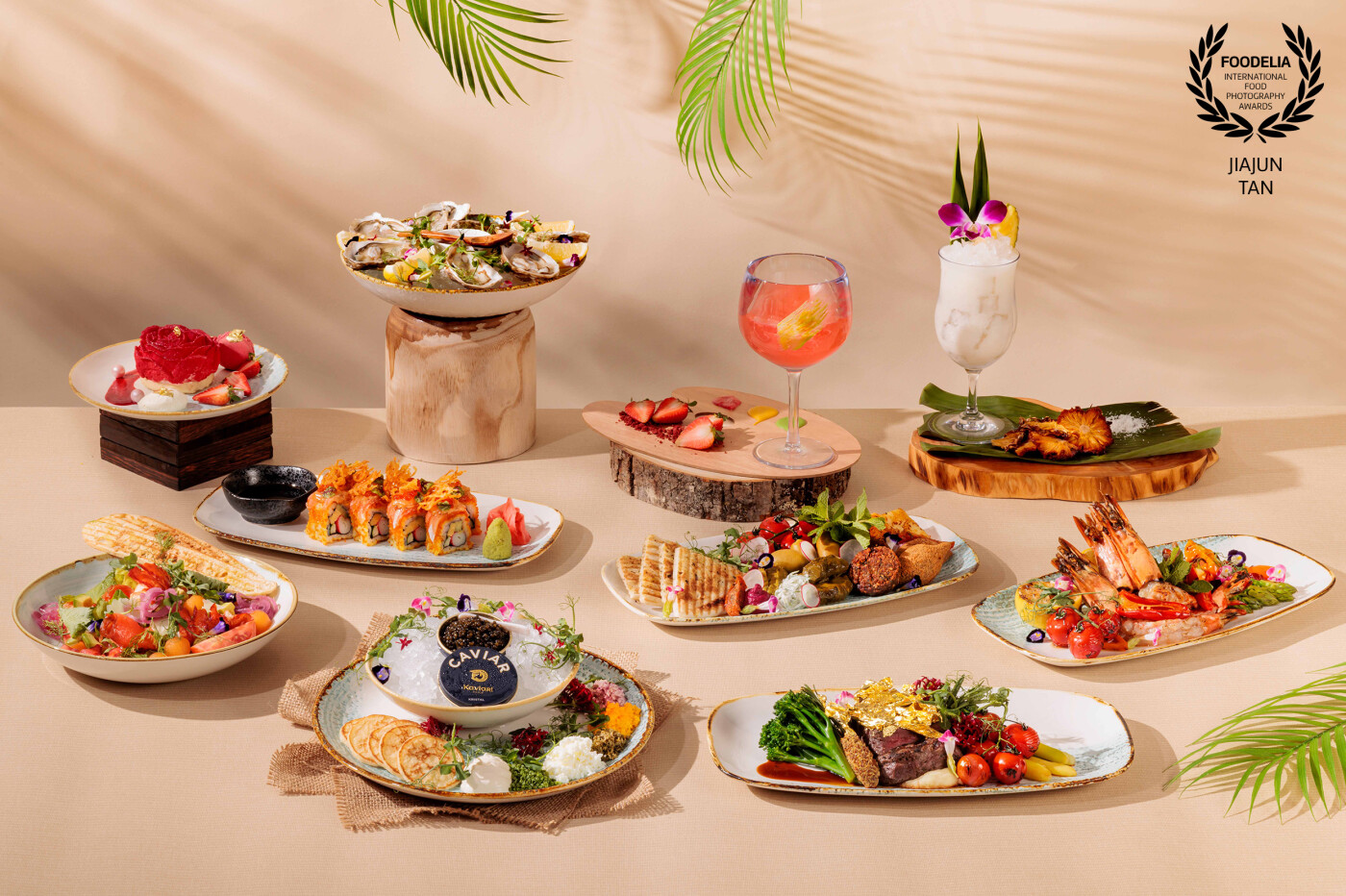 Image captured for Palawan +Twelve Singapore: a stunning array of mouthwatering dishes, all bathed in the warm, natural glow of staged outdoor sunlight. This photo isn't just about food; it's an ode to sun-kissed culinary art!
