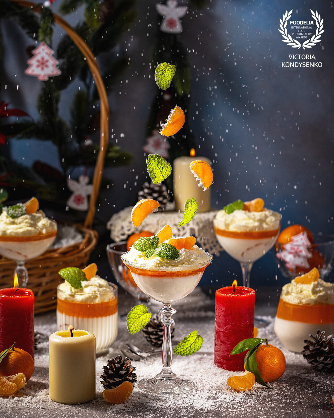 Christmas creamy dessert with tangerines. Promotional photo shoot of the local Ukrainian family cafe.