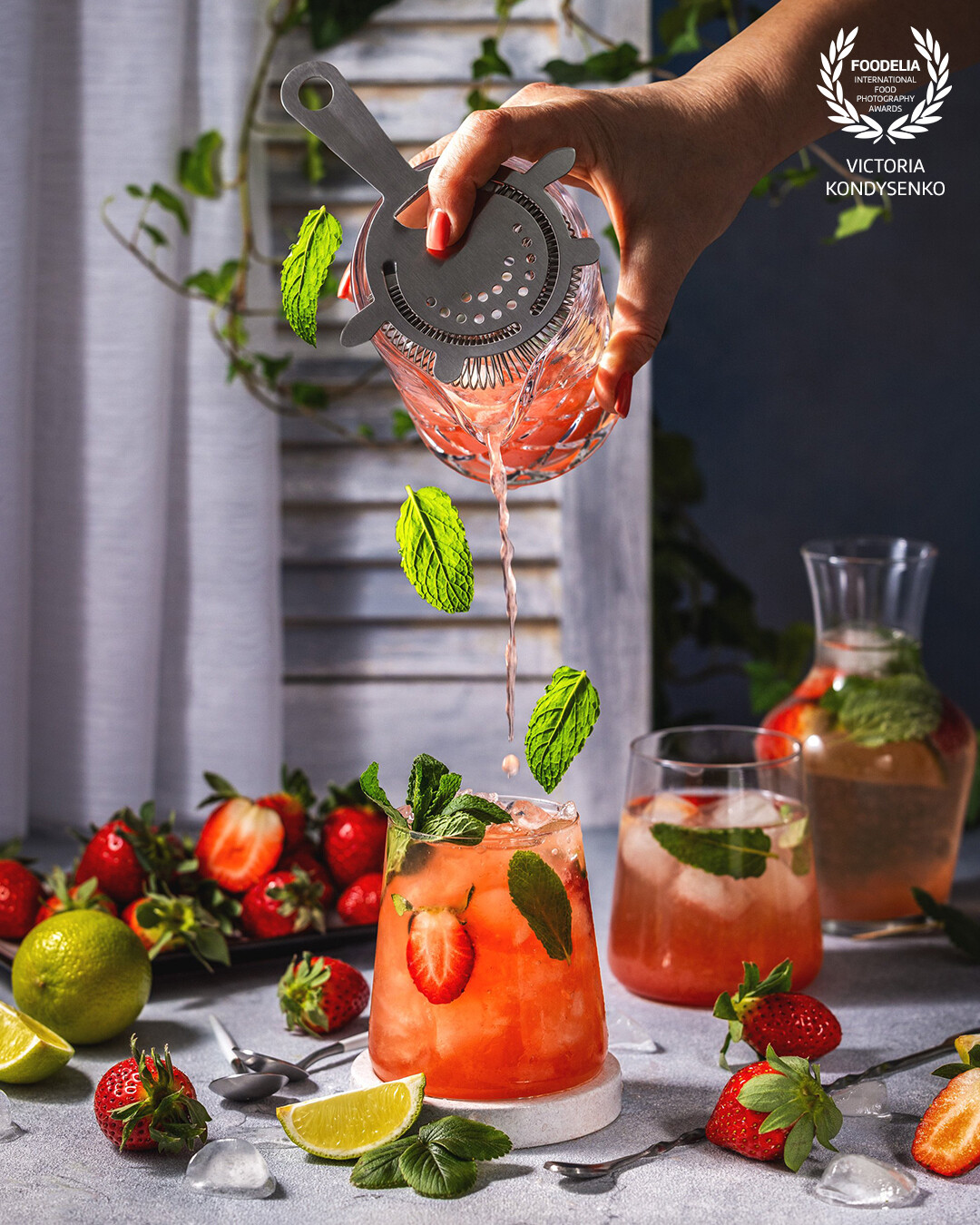 Strawberry fizz with mint and lime. Promotional photo shoot of the local Ukrainian family cafe.