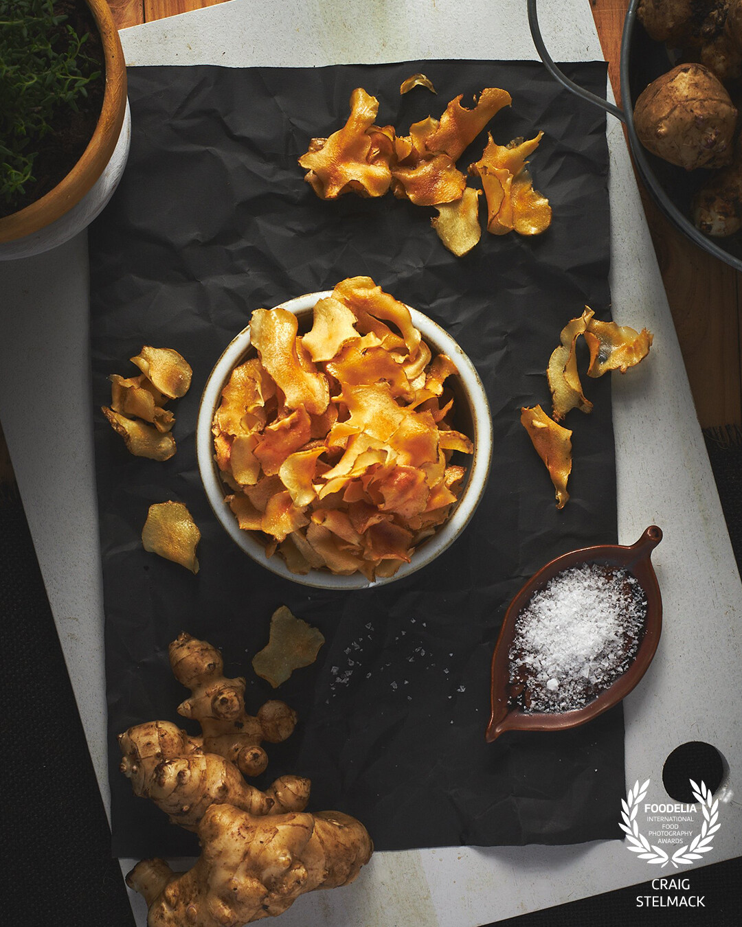 Sweet and nutty Jerusalem artichoke with thyme salt makes the perfect crisp garnish for soups, salads and charcuterie platters.