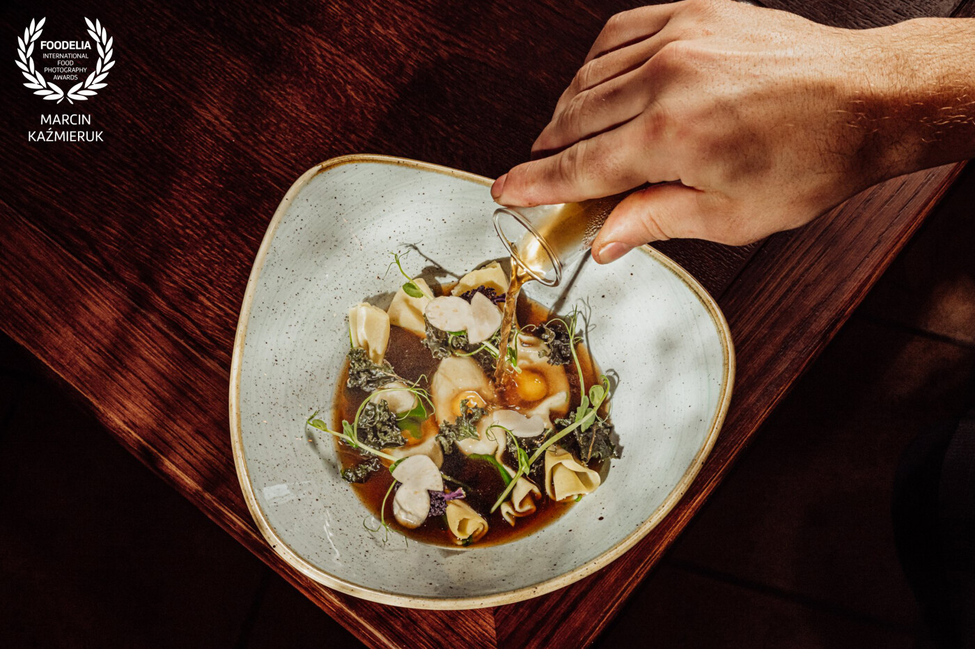 Mushroom broth / caramele with mushrooms / egg yolk / kale / herbal oil @restauracjateatralna1 Michałowice - Poland<br />
<br />
@marcin4funphotos<br />
@fotofoodie