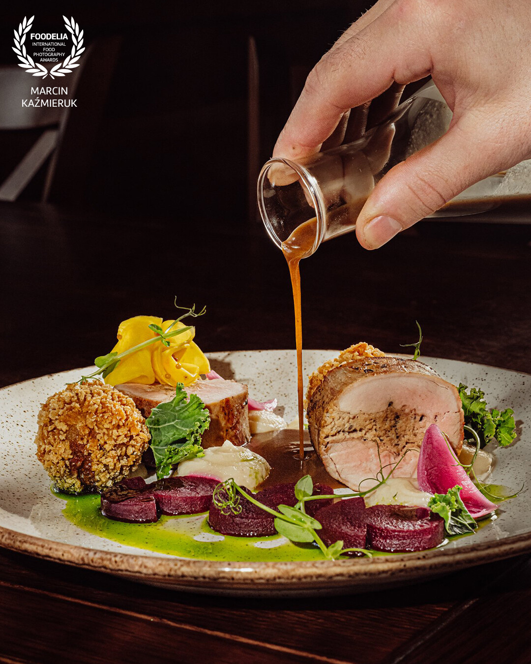 Pork tenderloin with mushroom mousseline / parsley puree / pickled beetroot / chestnut croquette / demi glace @restauracjateatralna1 Michałowice - Poland<br />
<br />
@marcin4funphotos<br />
@fotofoodie