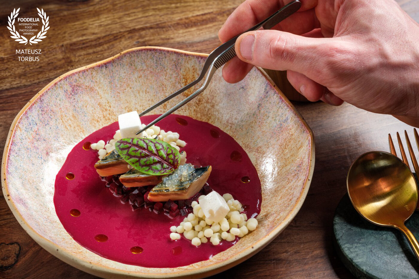 Beetroot cold soup, mackerel, beetroot macaron with horseradish / dish by chef Marcin Skrzeszewski - restaurant "Garden" in Kraków, Poland