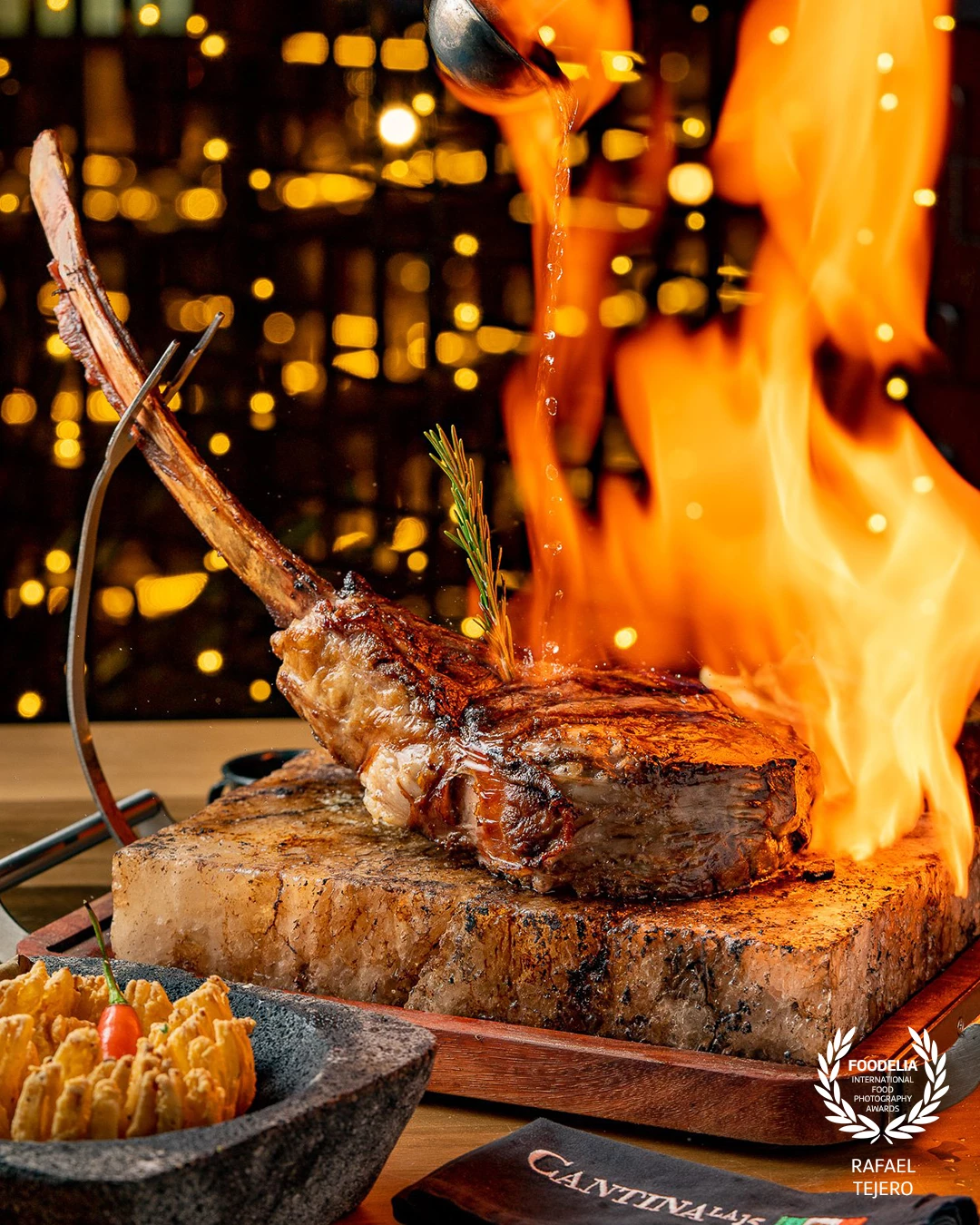 It's not easy to capture fire on plates this large. A huge Himalayan salt slab, mixed with tequila and high heat, allowed us to capture this striking image after several attempts. Was it worth it? Absolutely!