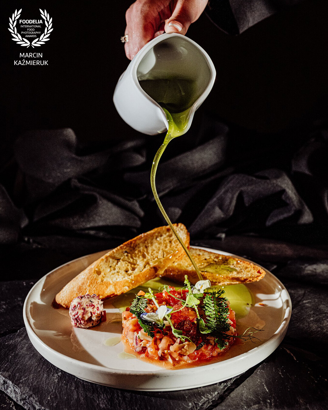 New "Black" menu variation of food at Blue Mountain hotel In Poland / Szklarska Poreba , one of the best places to come to with family. Place where children are taken care of as well as you and your taste buds.<br />
<br />
Dish prepared by chef Mikolaj Okupski and it's : Vegetarian tartare<br />
Tomatoes, sun-dried tomatoes, roasted almonds, French mustard, fresh basil, garlic, red onion, chili, olive oil, herb croutons, onion butter, chive oil.<br />
<br />
@marcin4funphotos @fotofoodie<br />
@blue_szklarska @nikon_pl @nikoneurope @nikonusa @godox_global