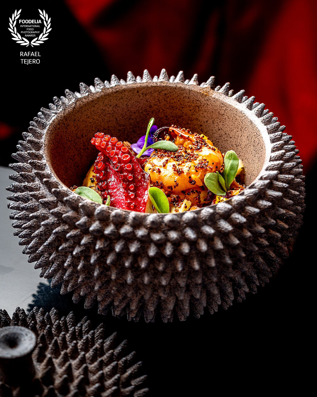 This wonderful sea urchin-shaped dish captivated us. The vivid colors of the seafood in the preparation gave it a magical touch.