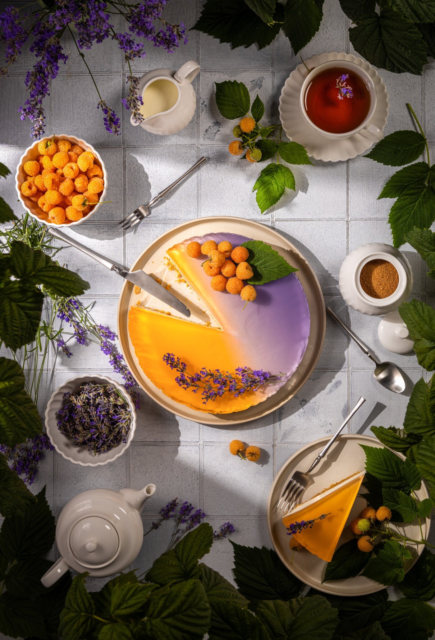 Lavender and yellow raspberry cheesecake. Combination of colors and flavors that conveys the unique...