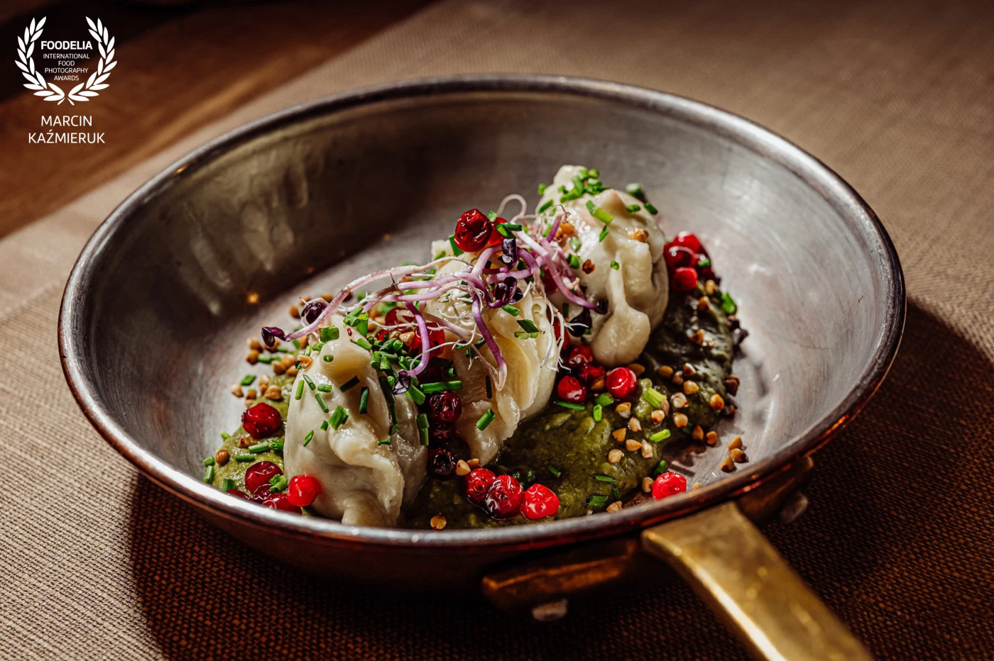 Pierogi with broad beans and mint, broad bean puree, pickled lingonberries, buckwheat popcorn, lovage olive oil at Bergo Restaurant in Szklarska Poręba - Poland.<br />
@marcin4funphotos<br />
@fotofoodie<br />
@restauracja_bergo<br />
@hotel_bergo<br />
@m.pilch1<br />
@chef_jadach