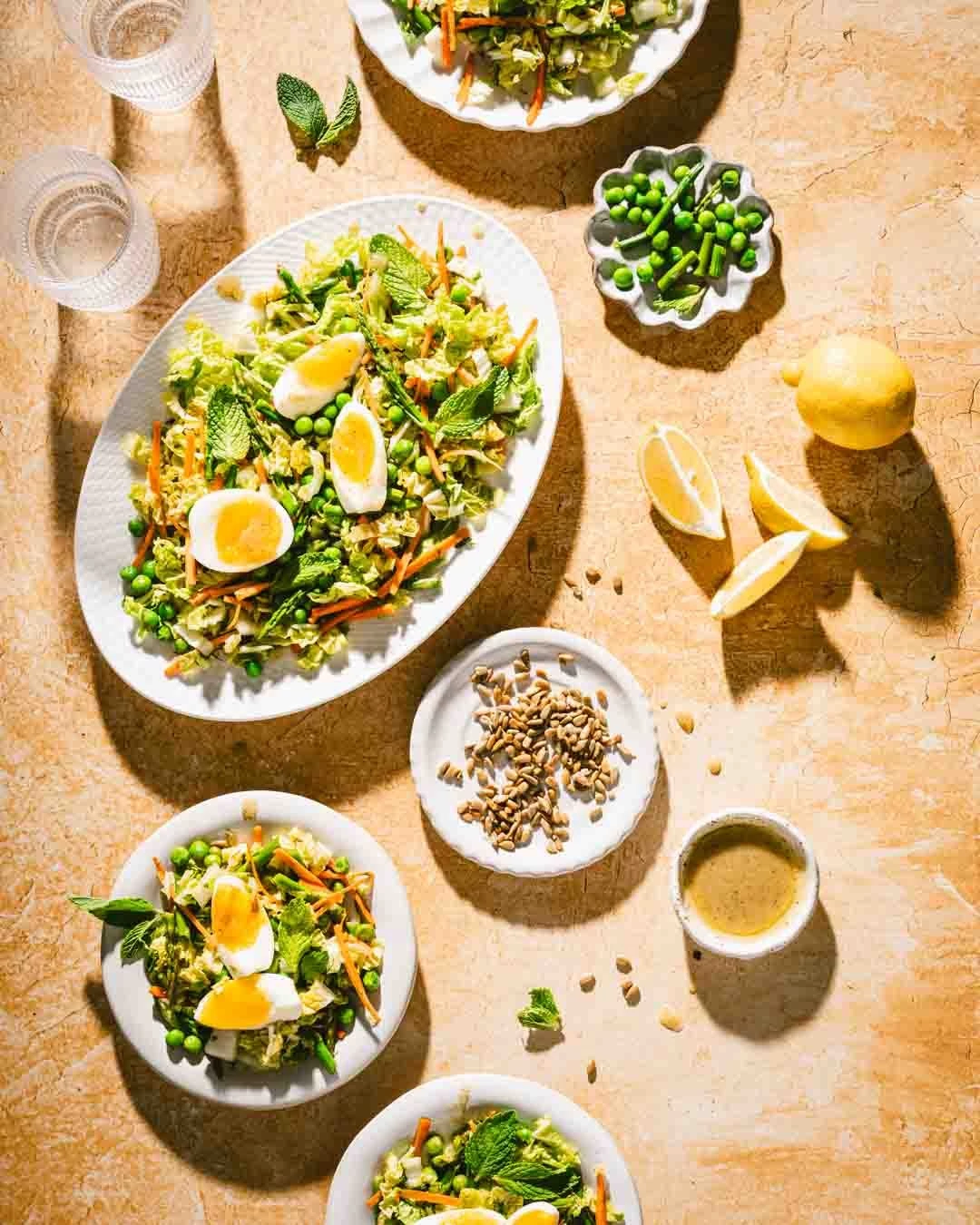 Spring my way.
Crunchy napa cabbage, sweet peas, tender asparagus, and jammy eggs. Delicious, flavor...