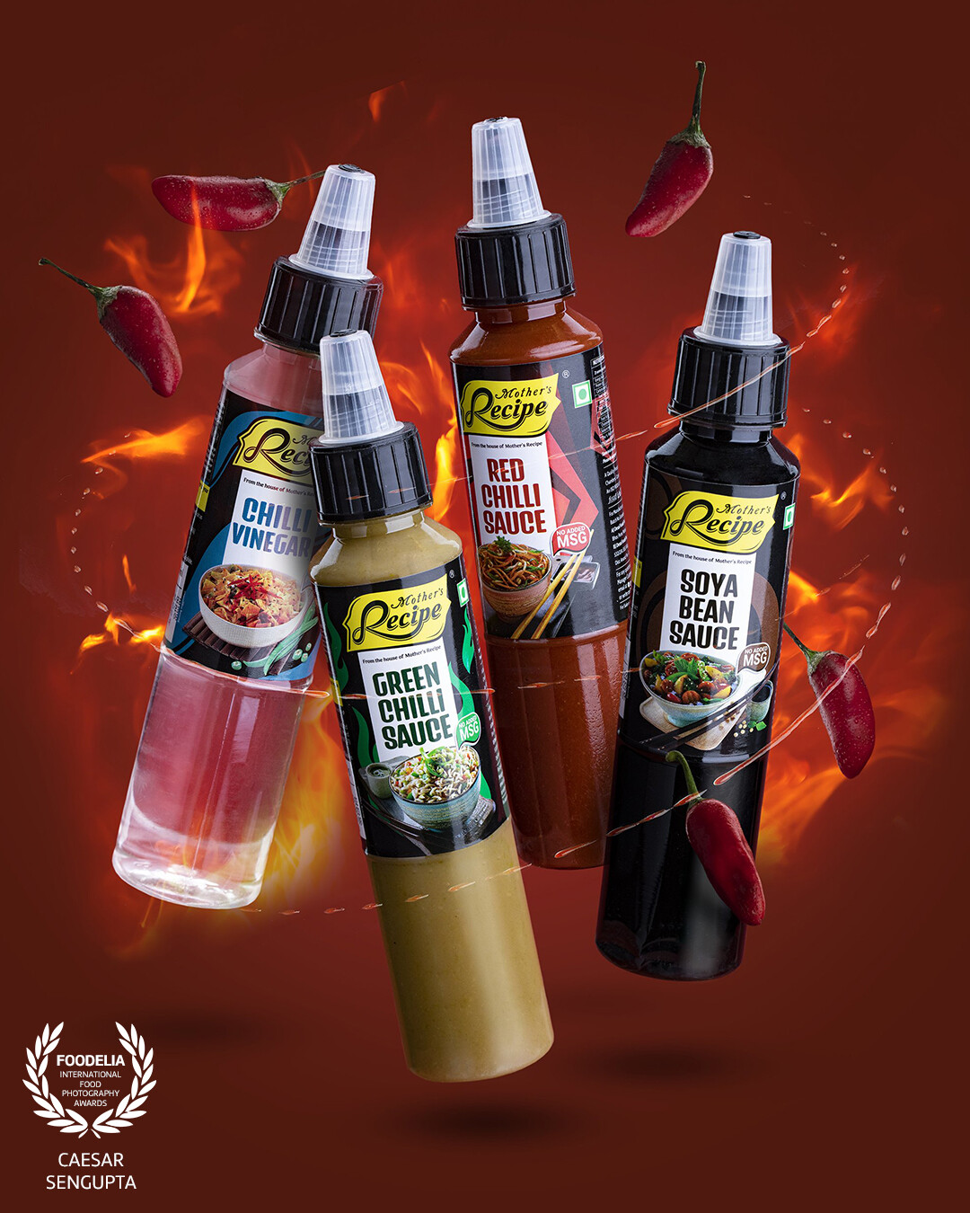 A composite image of the sauce bottles to provide a sense of levitation. Added the fire to bring in the taste of the hot sauces.