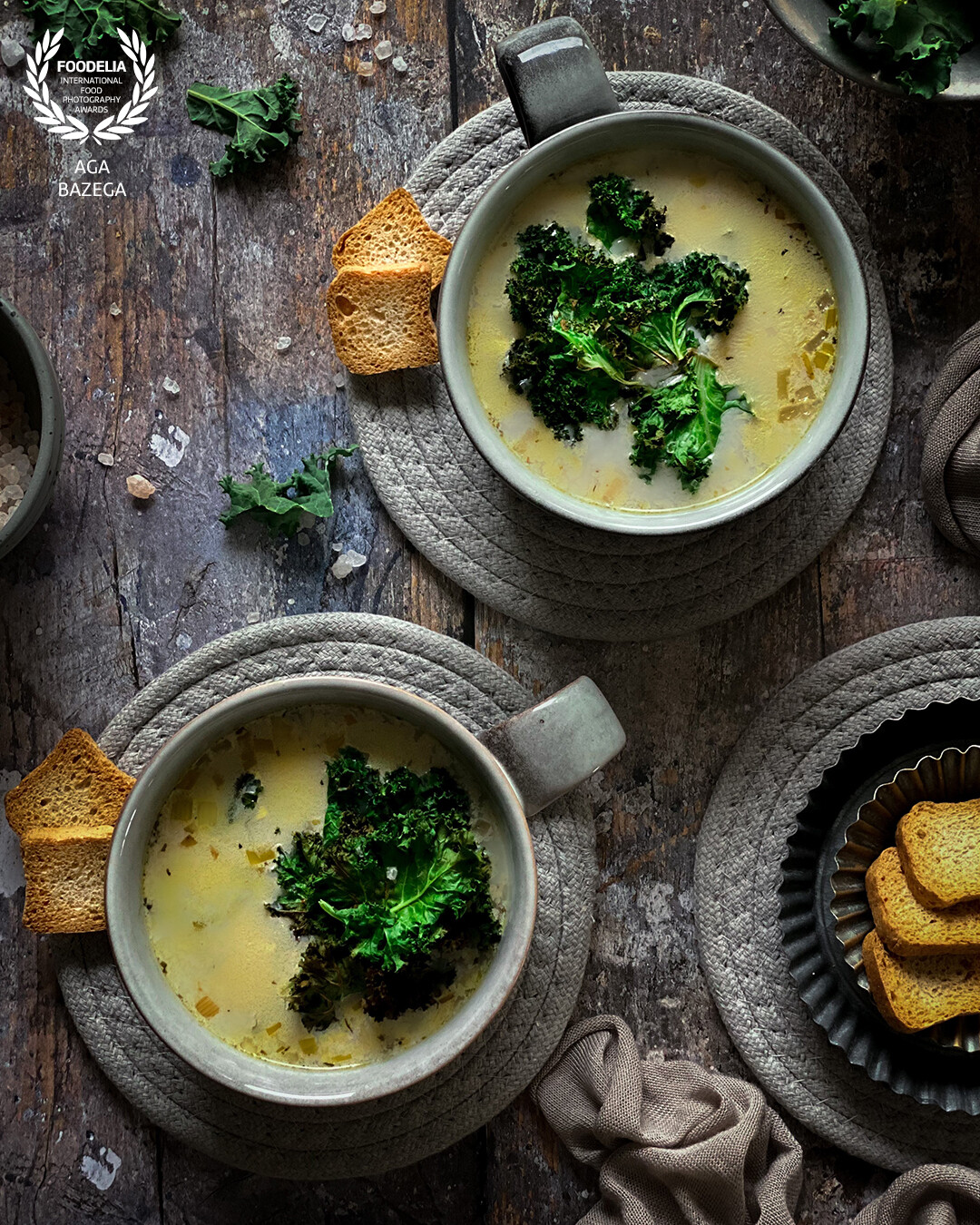 Leek-barley soup, served with kale chips, not only delicious but also a nutritious, healthy meal.