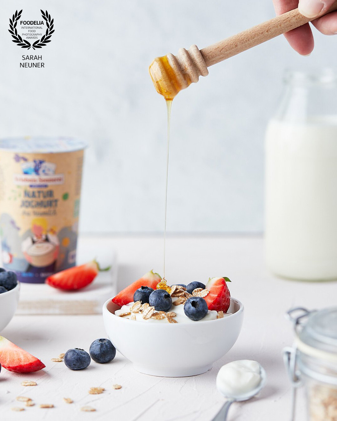 Product shot in a breakfast inspired scene showcasing the yoghurt from Austrian based brand Erlebnis Sennerei.