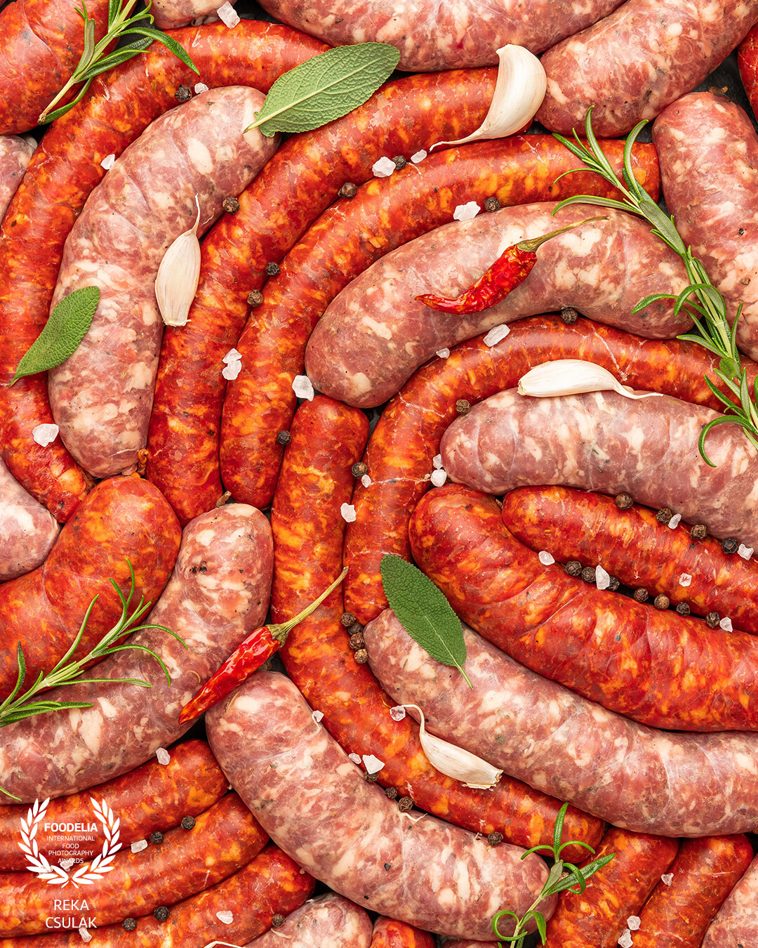 Food pattern created with a selection of hand-made raw sausages and some of their signature spices. Even though raw sausages are a tough subject to shoot commercially, the Client loved my approach.